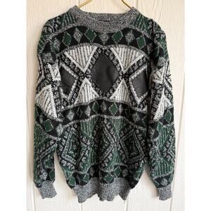 Vintage Impact Geometric Sweater Leather Patch Knit 90s Grandpa Coogi Style M